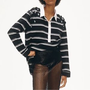 Anthropologie Black and White Striped Embellished Top